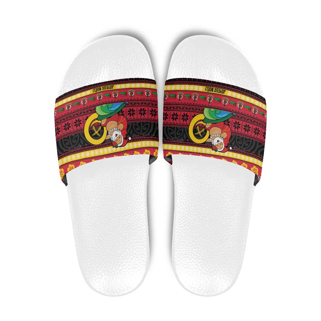 Vanuatu Christmas Slide Sandals Joyeux Noel Surfing Santa With Boar Tusk - Polynesian Pride