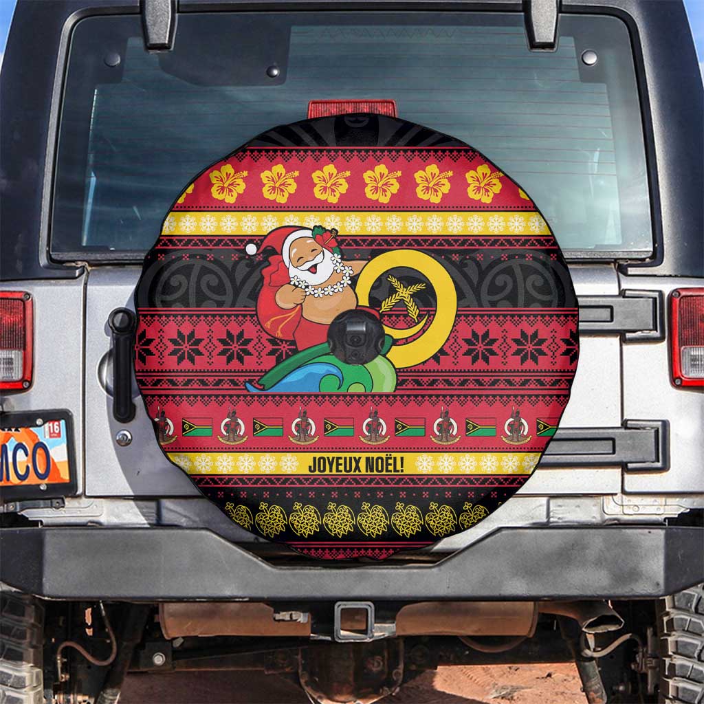 Vanuatu Christmas Spare Tire Cover Joyeux Noel Surfing Santa With Boar Tusk - Polynesian Pride