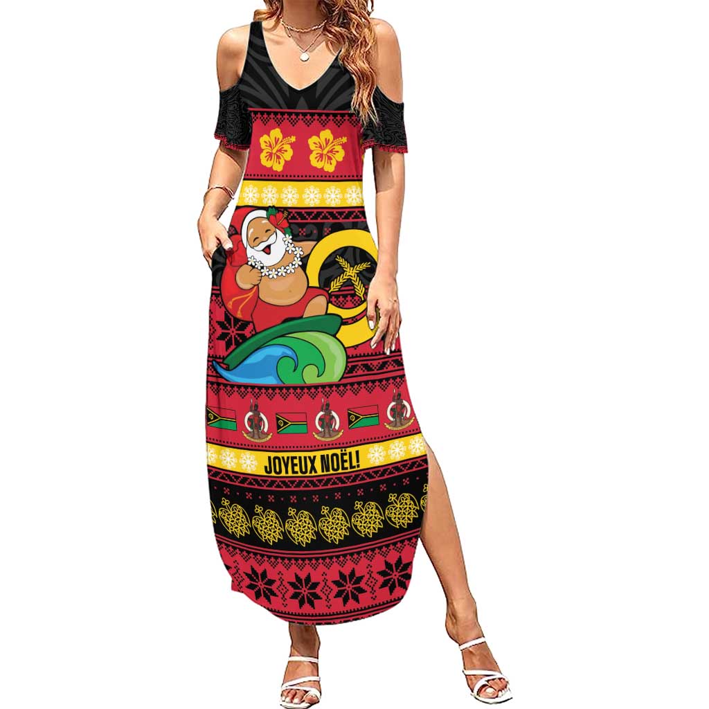 Vanuatu Christmas Summer Maxi Dress Joyeux Noel Surfing Santa With Boar Tusk - Polynesian Pride