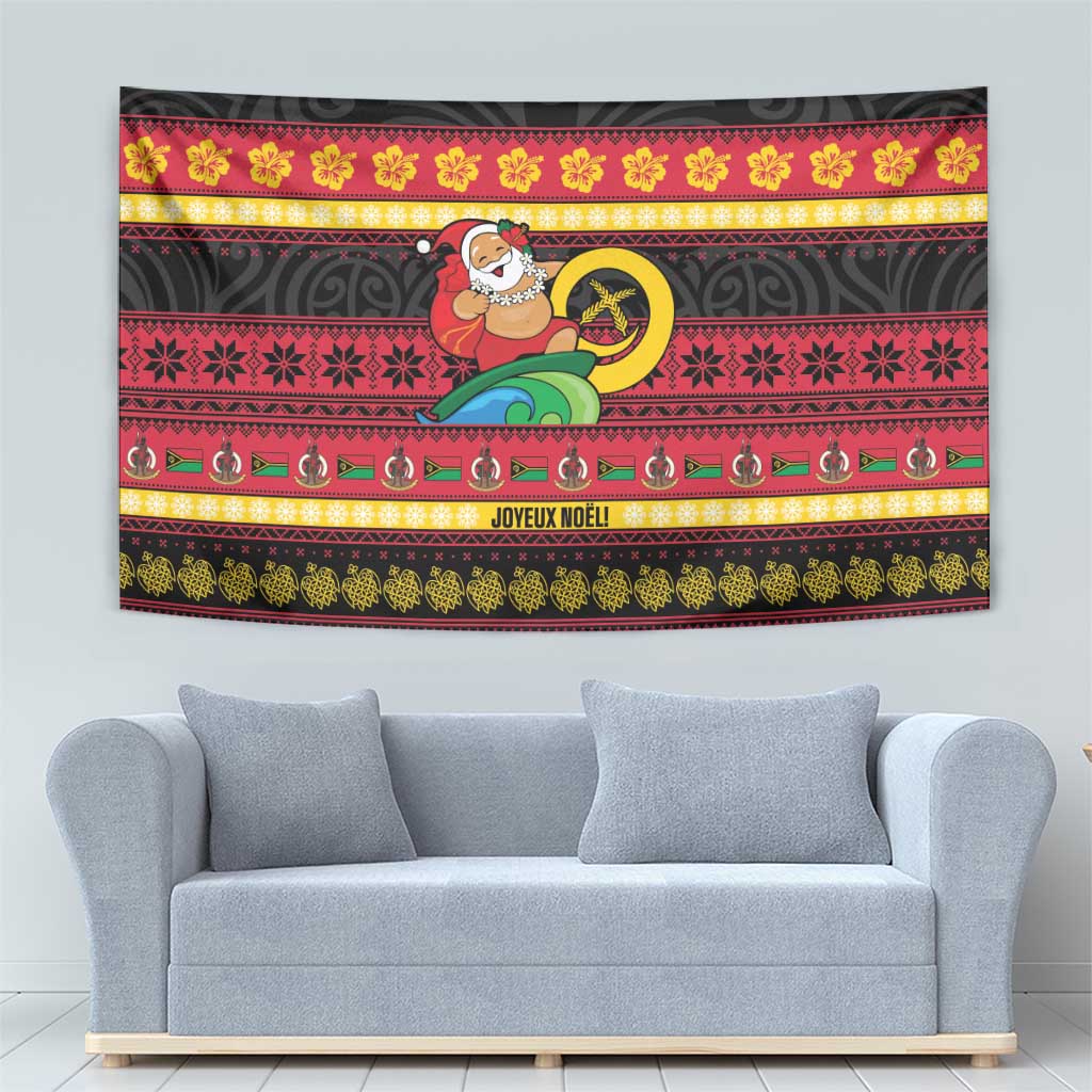 Vanuatu Christmas Tapestry Joyeux Noel Surfing Santa With Boar Tusk - Polynesian Pride