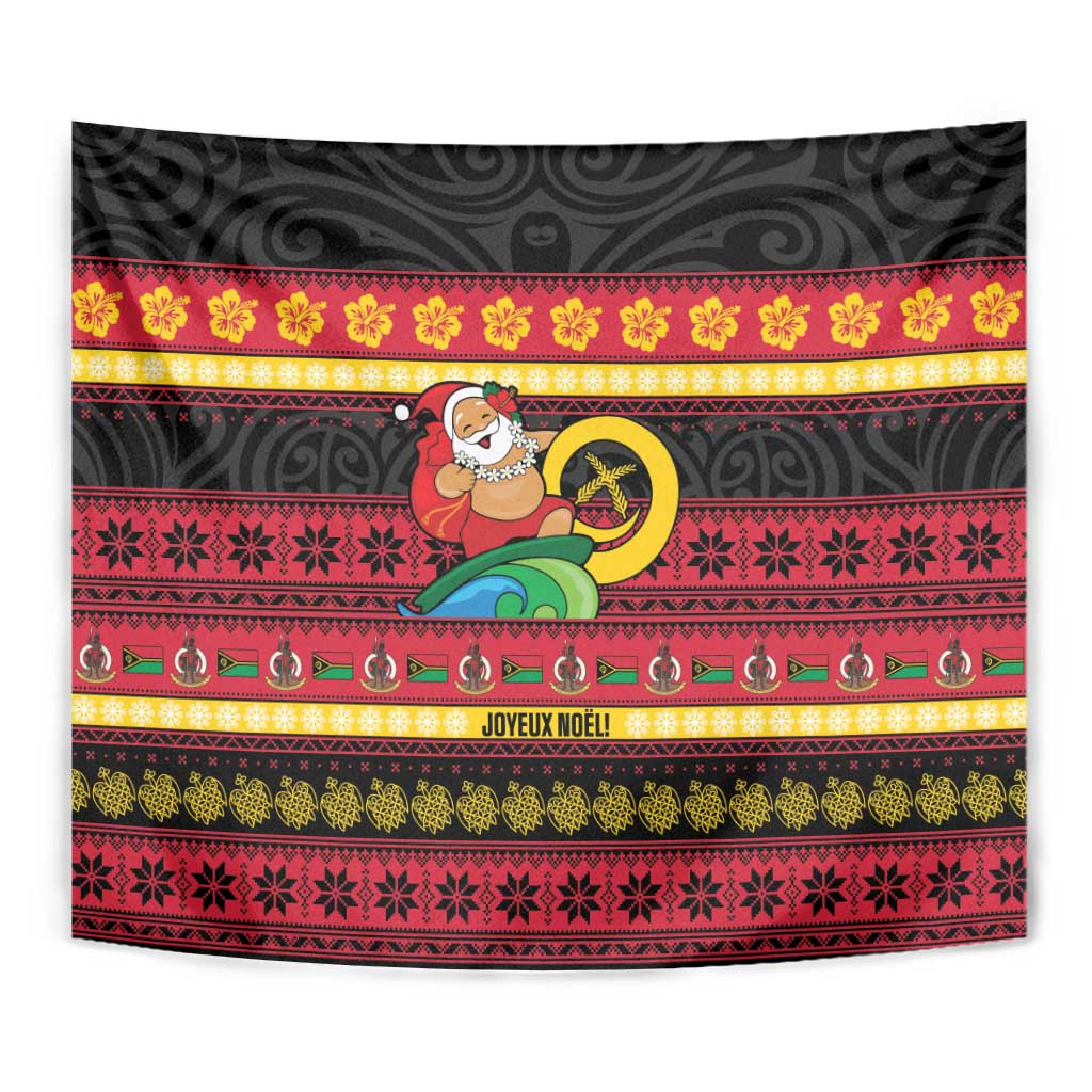 Vanuatu Christmas Tapestry Joyeux Noel Surfing Santa With Boar Tusk - Polynesian Pride