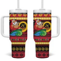 Vanuatu Christmas Tumbler With Handle Joyeux Noel Surfing Santa With Boar Tusk - Polynesian Pride