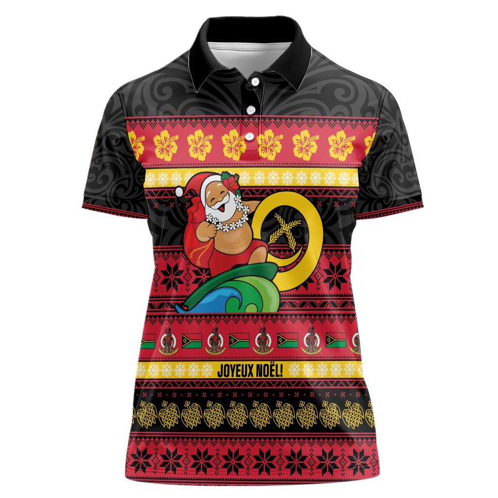 Vanuatu Christmas Women Polo Shirt Joyeux Noel Surfing Santa With Boar Tusk - Polynesian Pride