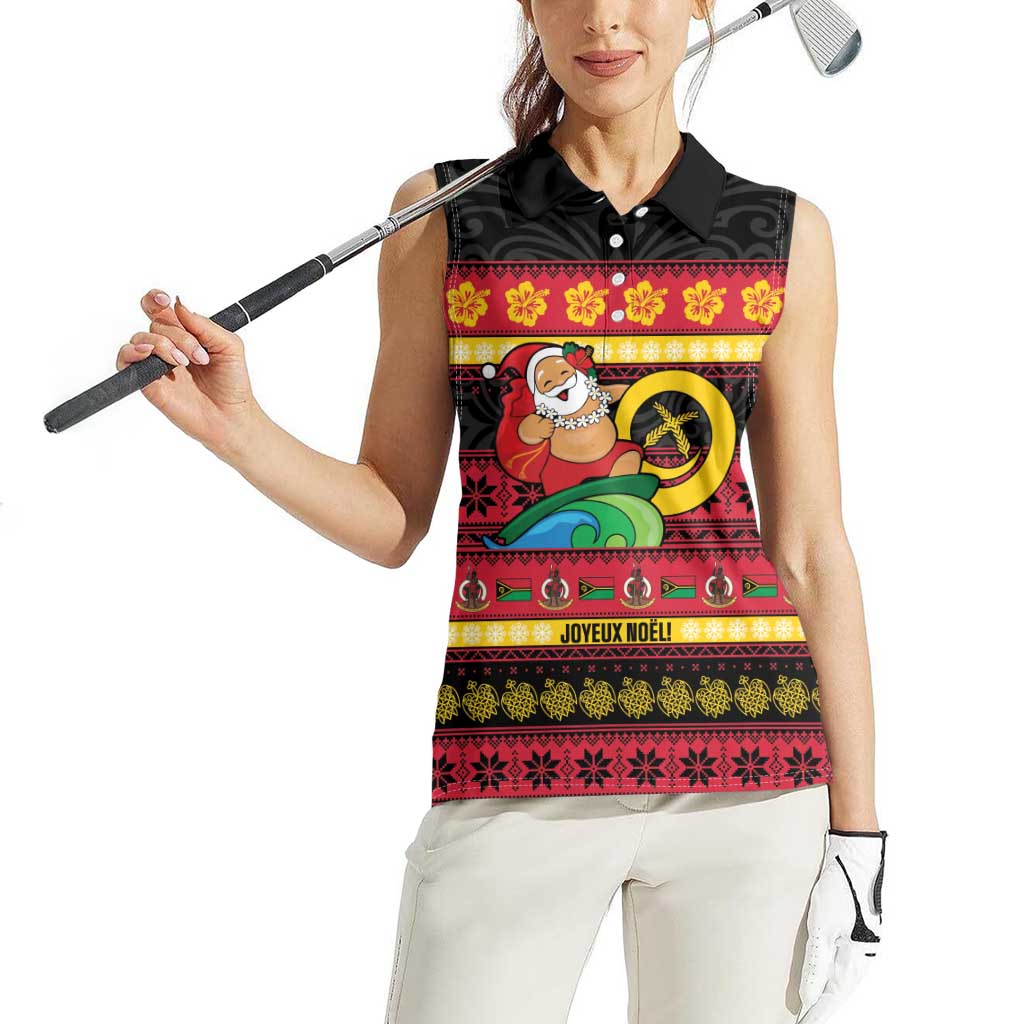 Vanuatu Christmas Women Sleeveless Polo Shirt Joyeux Noel Surfing Santa With Boar Tusk - Polynesian Pride