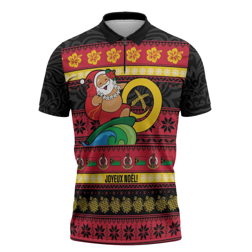 Vanuatu Christmas Zipper Polo Shirt Joyeux Noel Surfing Santa With Boar Tusk - Polynesian Pride