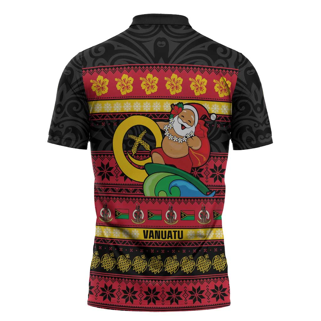 Vanuatu Christmas Zipper Polo Shirt Joyeux Noel Surfing Santa With Boar Tusk - Polynesian Pride