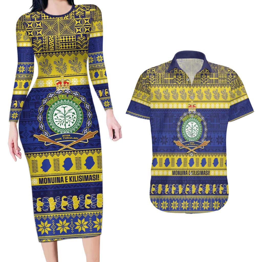 Niue Christmas Couples Matching Long Sleeve Bodycon Dress and Hawaiian Shirt Monuina e Kilisimasi Hiapo Motifs - Polynesian Pride
