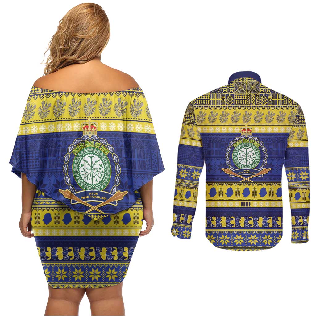 Niue Christmas Couples Matching Off Shoulder Short Dress and Long Sleeve Button Shirt Monuina e Kilisimasi Hiapo Motifs - Polynesian Pride
