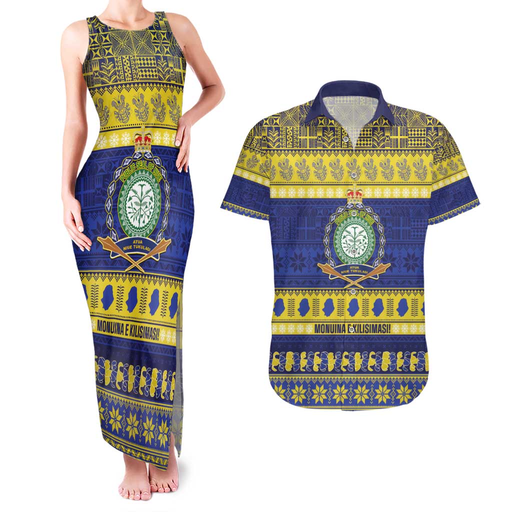 Niue Christmas Couples Matching Tank Maxi Dress and Hawaiian Shirt Monuina e Kilisimasi Hiapo Motifs - Polynesian Pride
