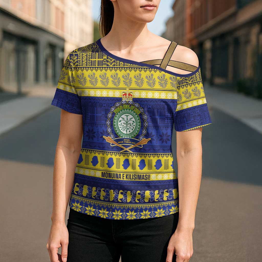 Niue Christmas Cross Shoulder Shirt Monuina e Kilisimasi Hiapo Motifs - Polynesian Pride
