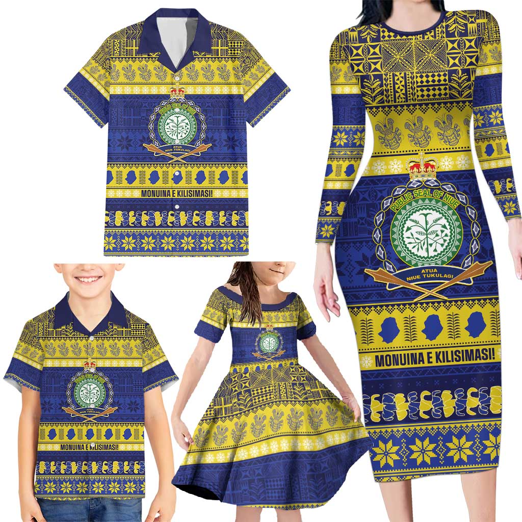 Niue Christmas Family Matching Long Sleeve Bodycon Dress and Hawaiian Shirt Monuina e Kilisimasi Hiapo Motifs - Polynesian Pride