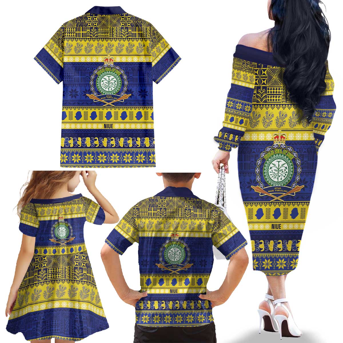 Niue Christmas Family Matching Off The Shoulder Long Sleeve Dress and Hawaiian Shirt Monuina e Kilisimasi Hiapo Motifs - Polynesian Pride