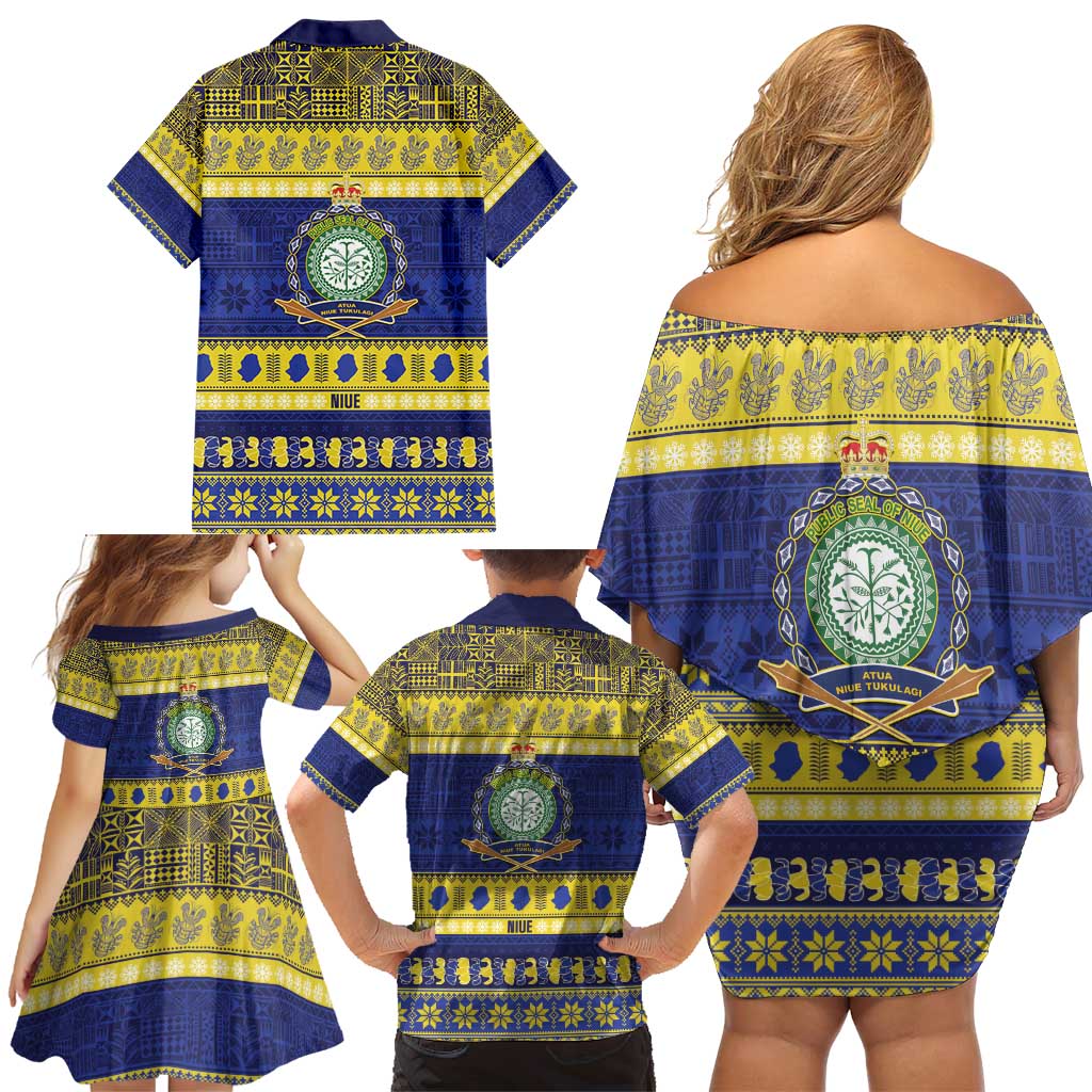 Niue Christmas Family Matching Off Shoulder Short Dress and Hawaiian Shirt Monuina e Kilisimasi Hiapo Motifs - Polynesian Pride