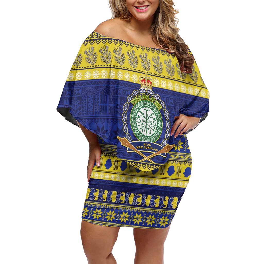 Niue Christmas Off Shoulder Short Dress Monuina e Kilisimasi Hiapo Motifs - Polynesian Pride