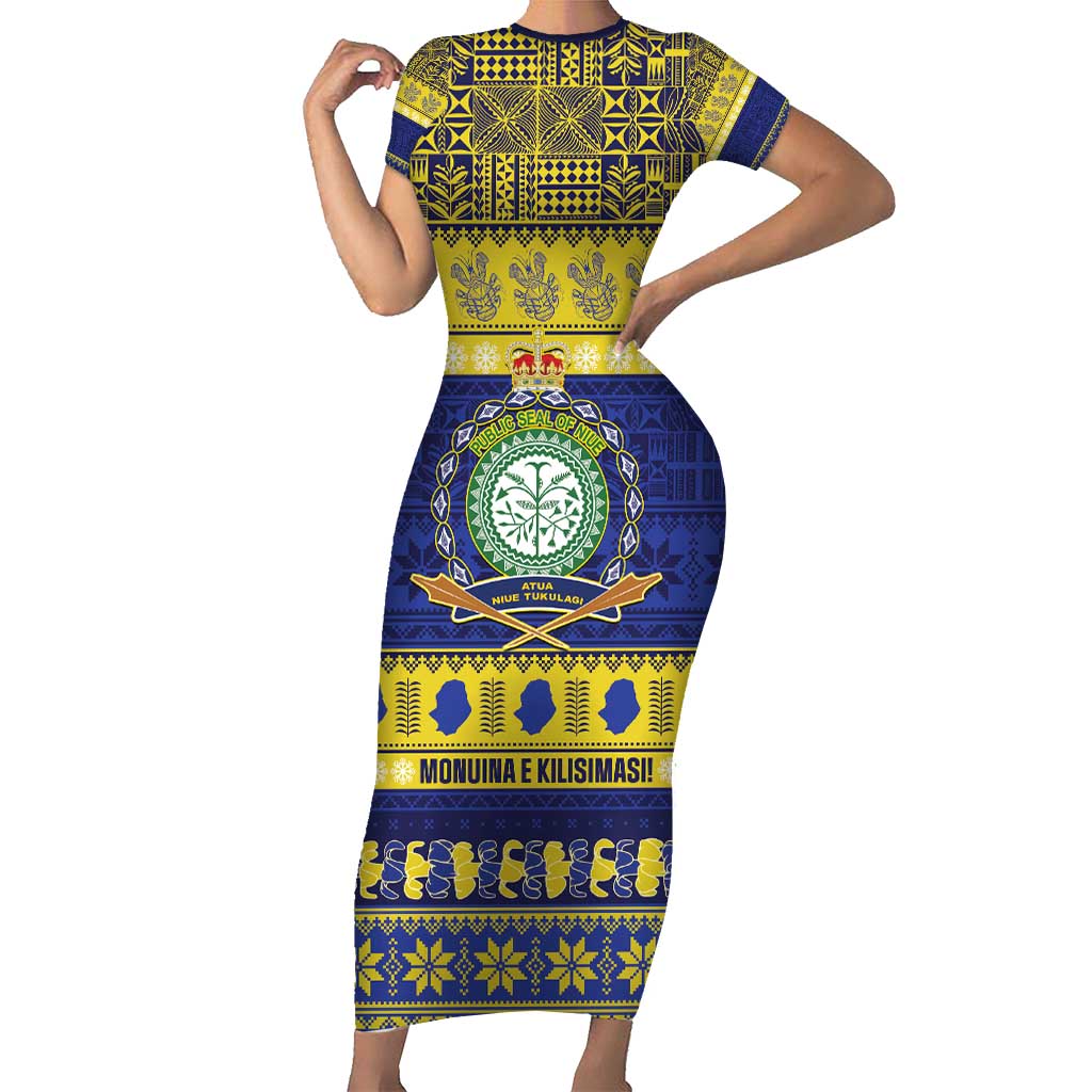 Niue Christmas Short Sleeve Bodycon Dress Monuina e Kilisimasi Hiapo Motifs - Polynesian Pride