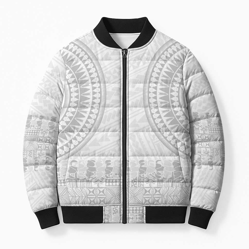 Niue White Sunday Bomber Puffer Jacket Tapu Fanau Ia Puakenikeni Hiapo Pattern - Polynesian Pride