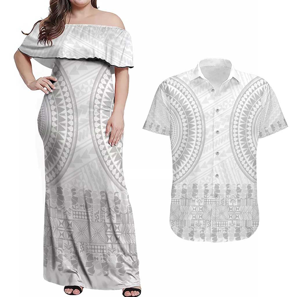 Niue White Sunday Couples Matching Off Shoulder Maxi Dress and Hawaiian Shirt Tapu Fanau Ia Puakenikeni Hiapo Pattern - Polynesian Pride