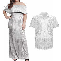 Niue White Sunday Couples Matching Off Shoulder Maxi Dress and Hawaiian Shirt Tapu Fanau Ia Puakenikeni Hiapo Pattern - Polynesian Pride