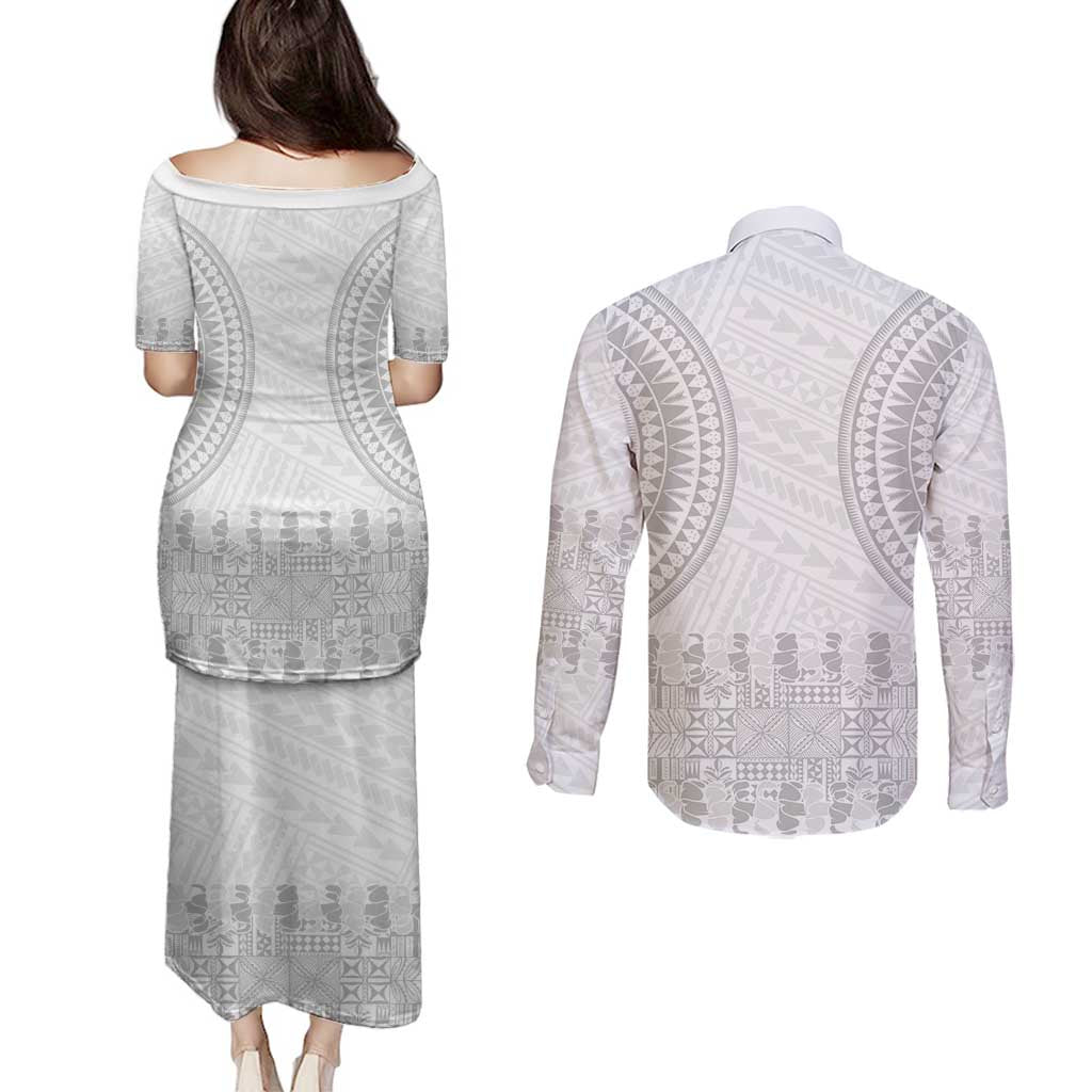 Niue White Sunday Couples Matching Puletasi and Long Sleeve Button Shirt Tapu Fanau Ia Puakenikeni Hiapo Pattern - Polynesian Pride