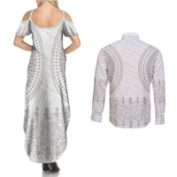 Niue White Sunday Couples Matching Summer Maxi Dress and Long Sleeve Button Shirt Tapu Fanau Ia Puakenikeni Hiapo Pattern - Polynesian Pride