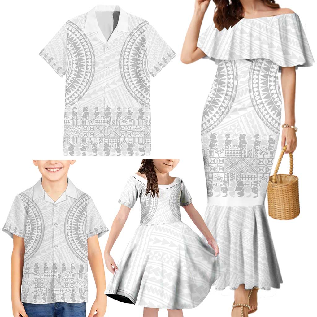 Niue White Sunday Family Matching Mermaid Dress and Hawaiian Shirt Tapu Fanau Ia Puakenikeni Hiapo Pattern - Polynesian Pride