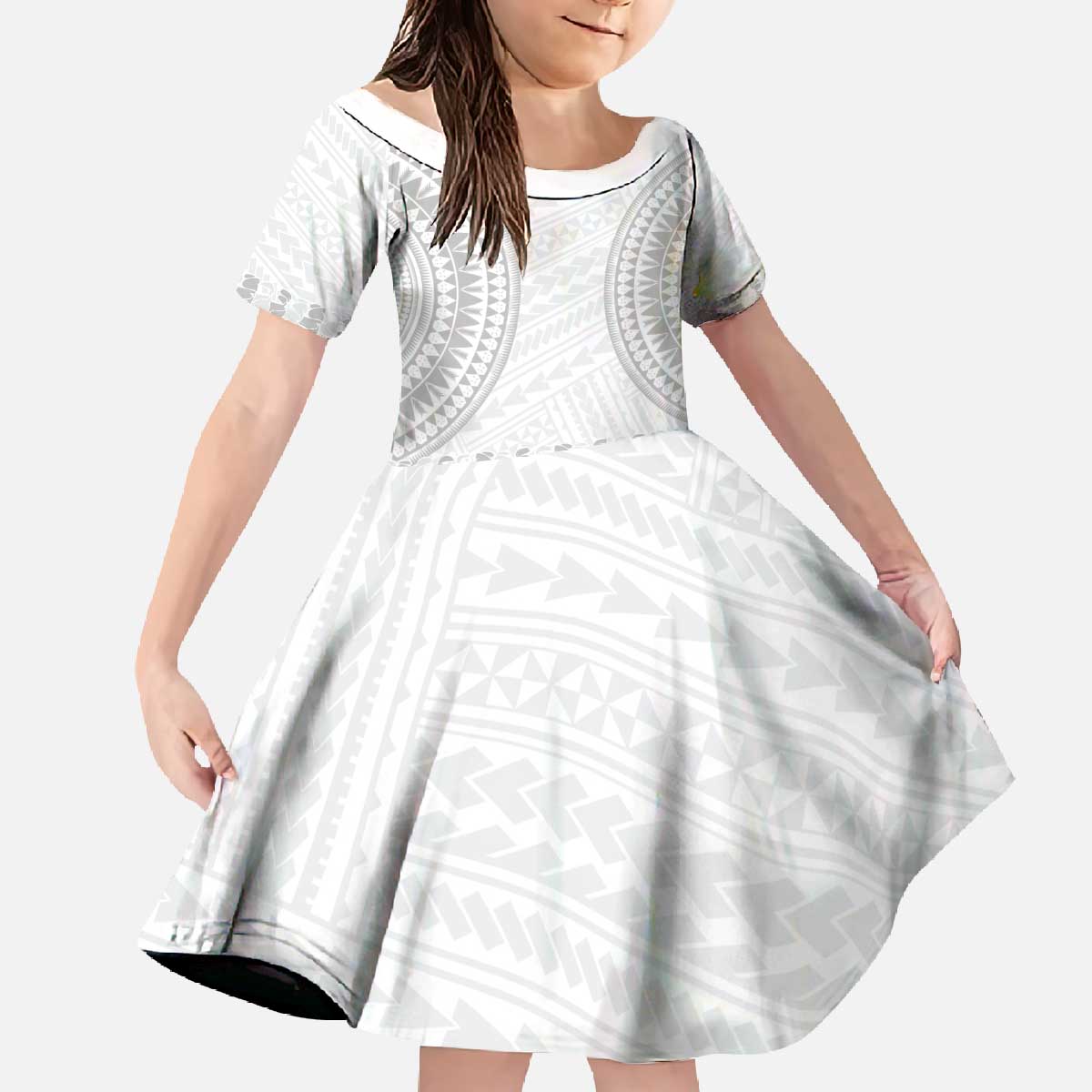 Niue White Sunday Family Matching Off The Shoulder Long Sleeve Dress and Hawaiian Shirt Tapu Fanau Ia Puakenikeni Hiapo Pattern - Polynesian Pride