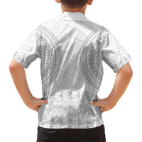 Niue White Sunday Family Matching Off Shoulder Short Dress and Hawaiian Shirt Tapu Fanau Ia Puakenikeni Hiapo Pattern - Polynesian Pride