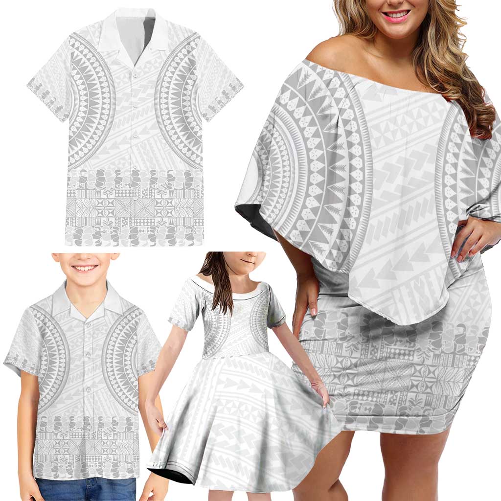 Niue White Sunday Family Matching Off Shoulder Short Dress and Hawaiian Shirt Tapu Fanau Ia Puakenikeni Hiapo Pattern - Polynesian Pride