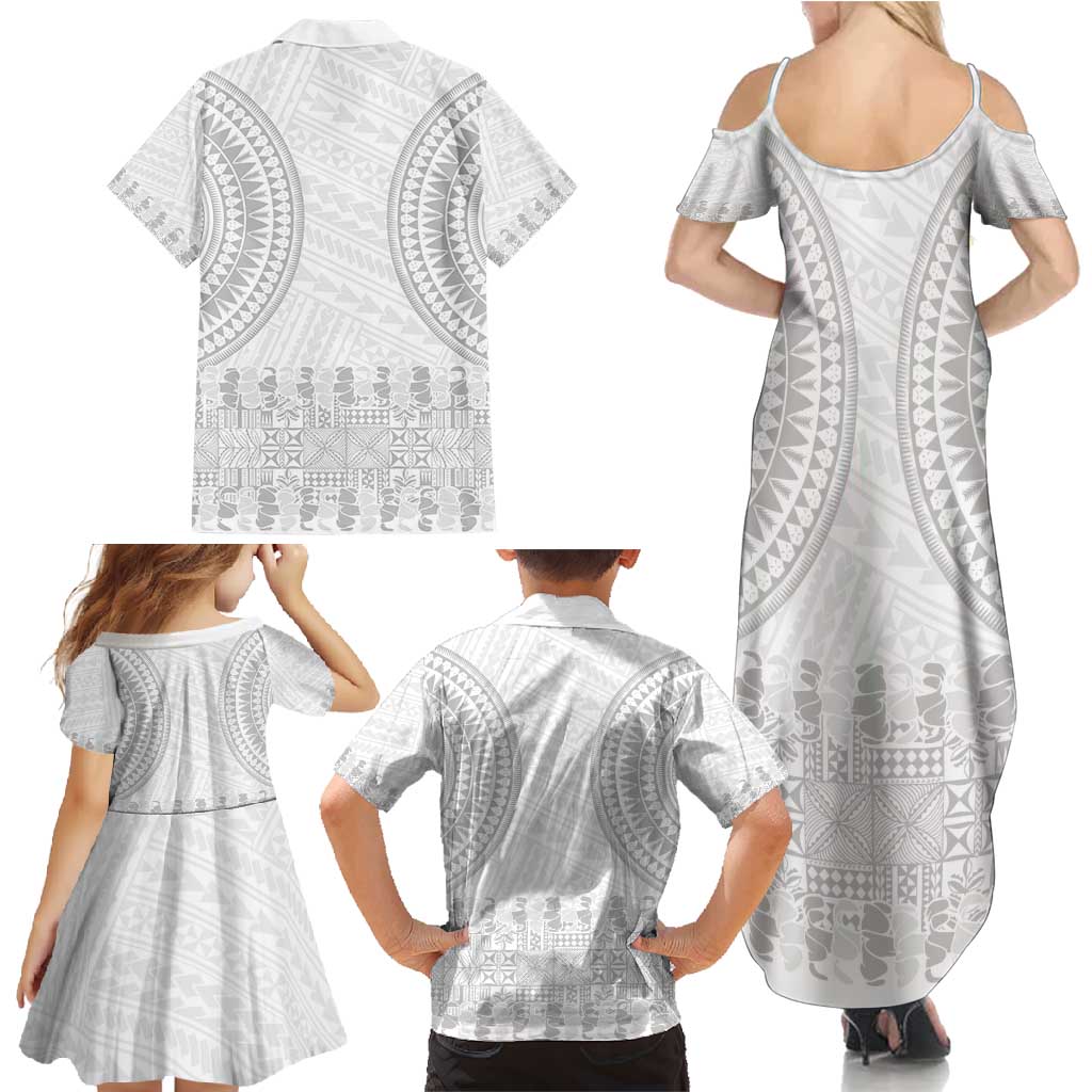 Niue White Sunday Family Matching Summer Maxi Dress and Hawaiian Shirt Tapu Fanau Ia Puakenikeni Hiapo Pattern - Polynesian Pride