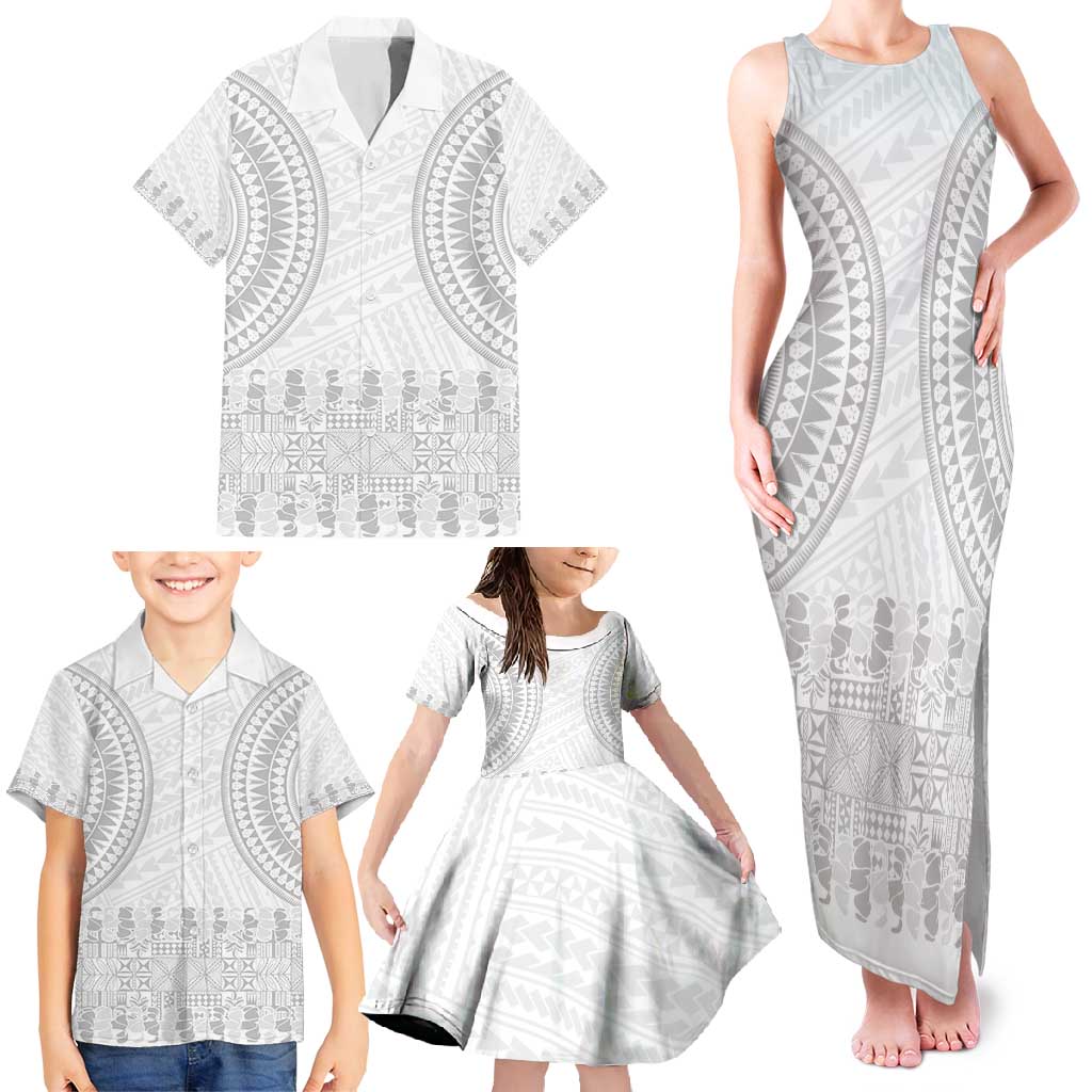 Niue White Sunday Family Matching Tank Maxi Dress and Hawaiian Shirt Tapu Fanau Ia Puakenikeni Hiapo Pattern - Polynesian Pride