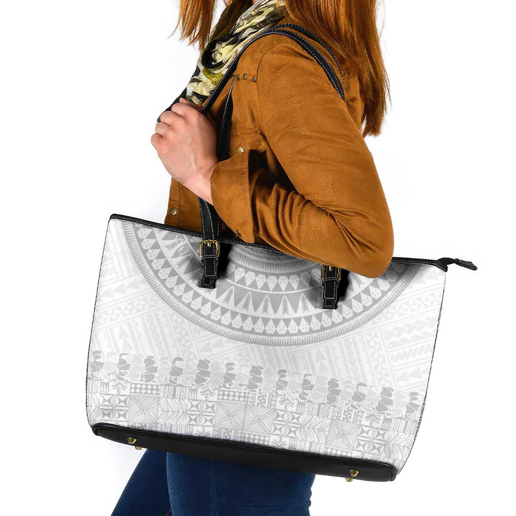 Niue White Sunday Leather Tote Bag Tapu Fanau Ia Puakenikeni Hiapo Pattern - Polynesian Pride