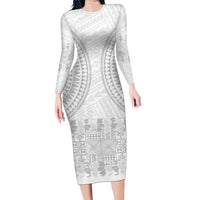 Niue White Sunday Long Sleeve Bodycon Dress Tapu Fanau Ia Puakenikeni Hiapo Pattern - Polynesian Pride