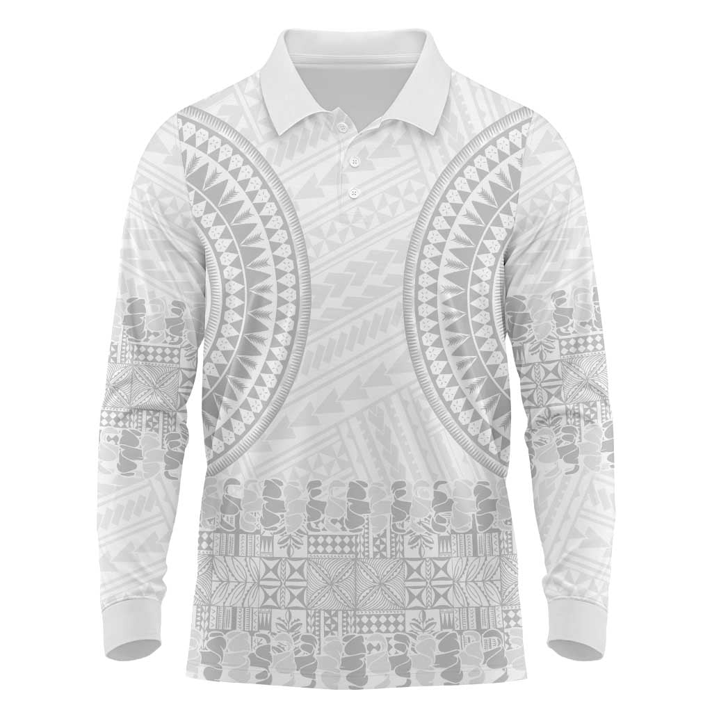 Niue White Sunday Long Sleeve Polo Shirt Tapu Fanau Ia Puakenikeni Hiapo Pattern - Polynesian Pride