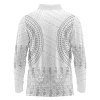 Niue White Sunday Long Sleeve Polo Shirt Tapu Fanau Ia Puakenikeni Hiapo Pattern - Polynesian Pride
