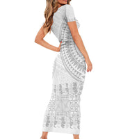Niue White Sunday Short Sleeve Bodycon Dress Tapu Fanau Ia Puakenikeni Hiapo Pattern - Polynesian Pride