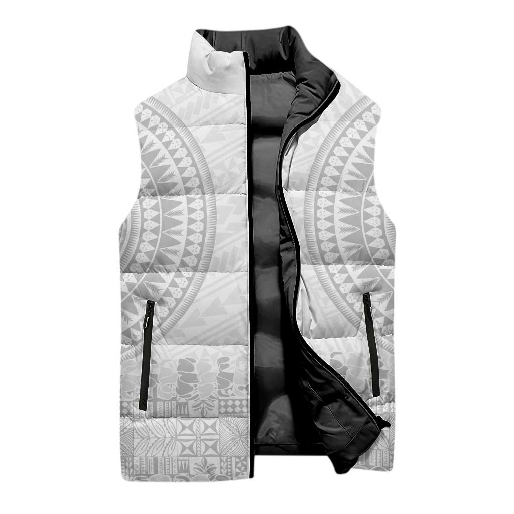 Niue White Sunday Sleeveless Puffer Jacket Tapu Fanau Ia Puakenikeni Hiapo Pattern - Polynesian Pride