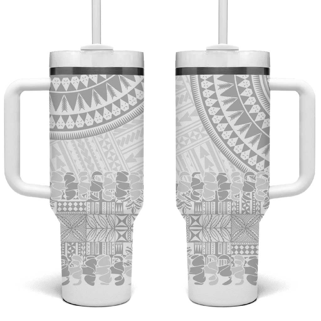 Niue White Sunday Tumbler With Handle Tapu Fanau Ia Puakenikeni Hiapo Pattern - Polynesian Pride