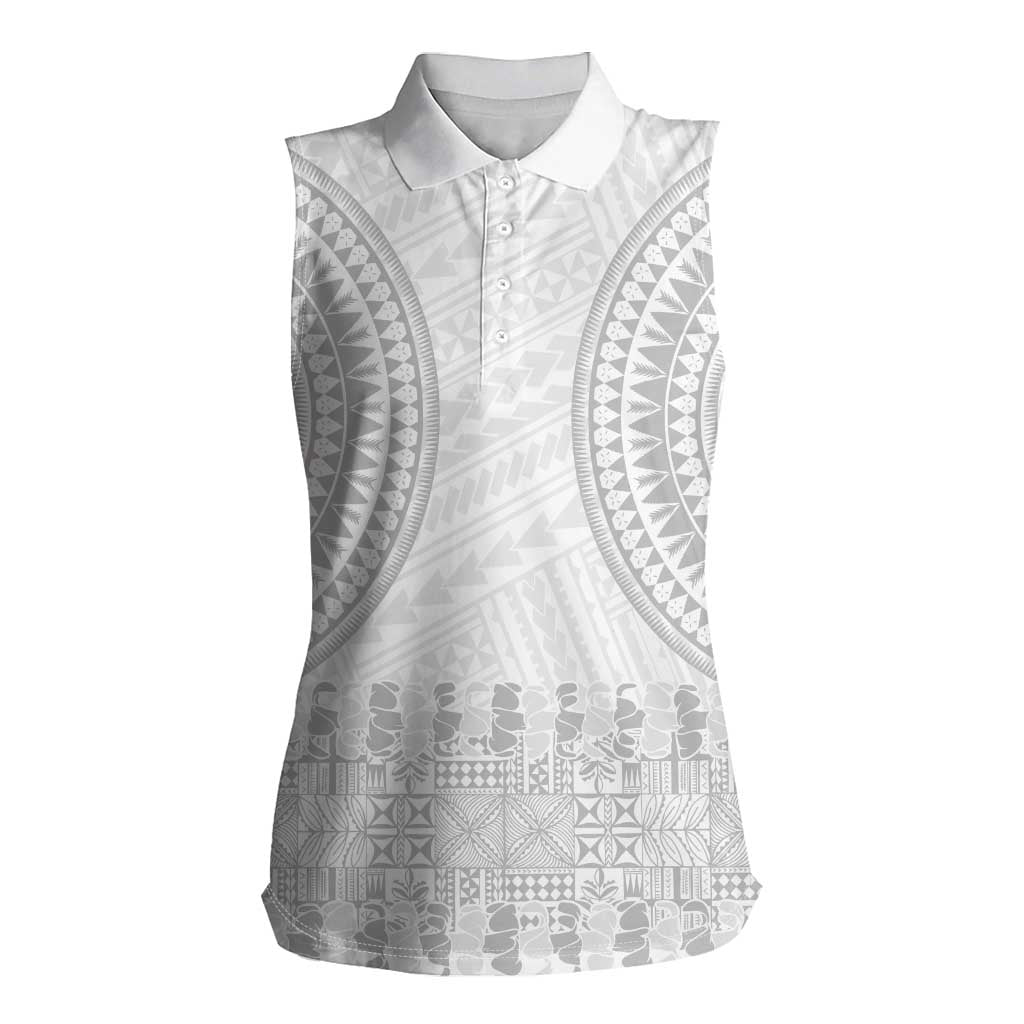 Niue White Sunday Women Sleeveless Polo Shirt Tapu Fanau Ia Puakenikeni Hiapo Pattern - Polynesian Pride