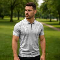 Niue White Sunday Zipper Polo Shirt Tapu Fanau Ia Puakenikeni Hiapo Pattern - Polynesian Pride