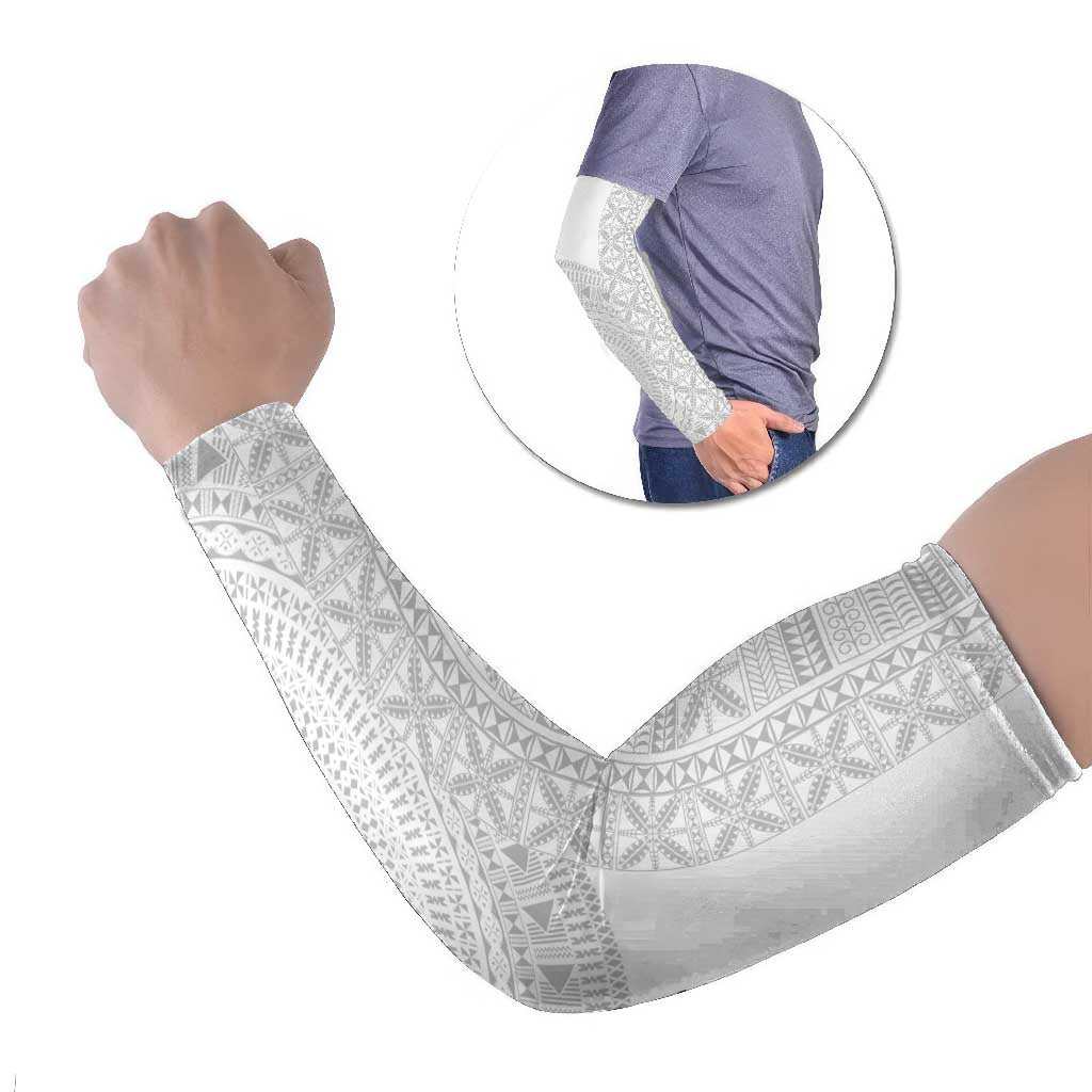 Niue White Sunday Arm Sleeves Half Hiapo Pattern Vibes - Polynesian Pride