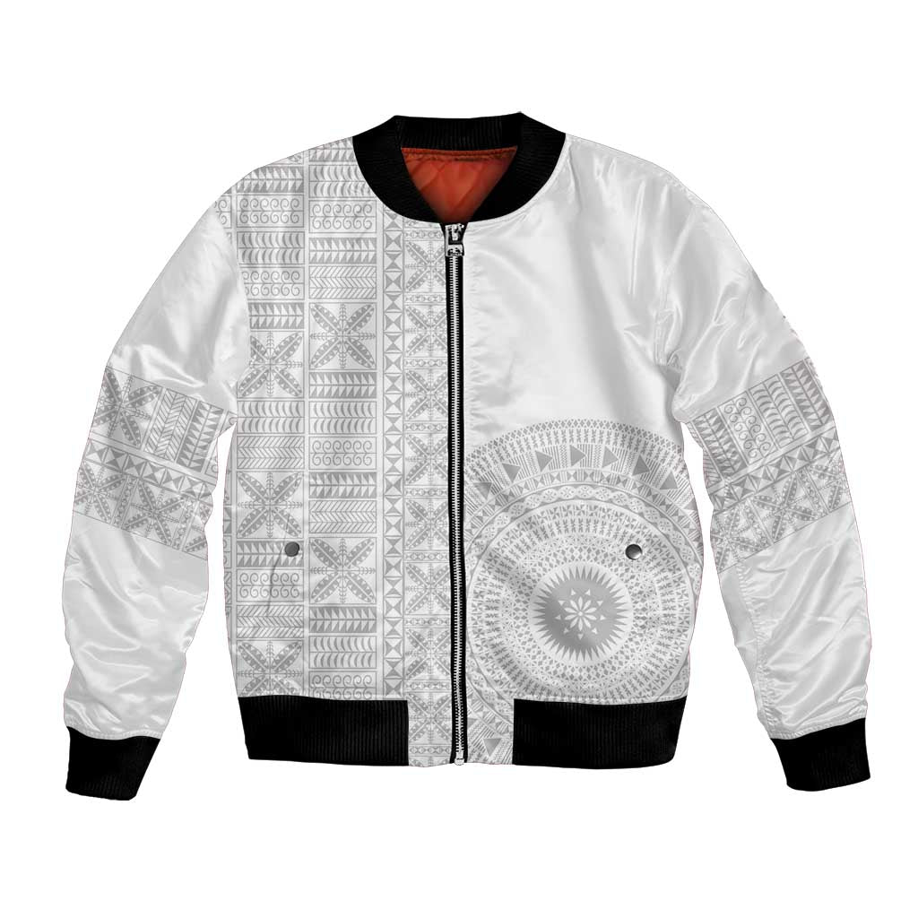 Niue White Sunday Bomber Jacket Half Hiapo Pattern Vibes - Polynesian Pride