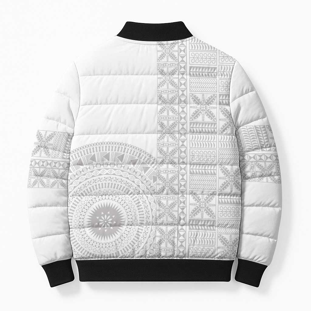 Niue White Sunday Bomber Puffer Jacket Half Hiapo Pattern Vibes - Polynesian Pride