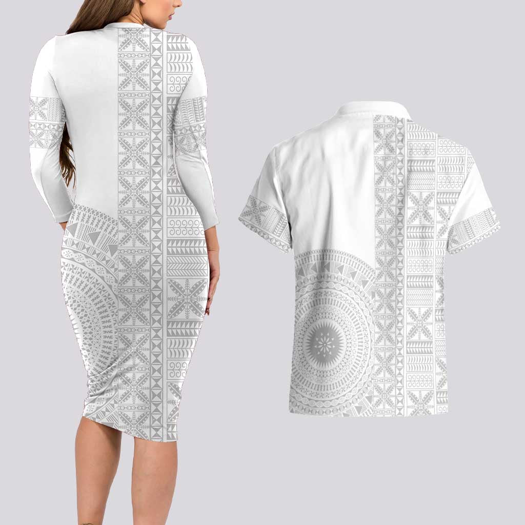 Niue White Sunday Couples Matching Long Sleeve Bodycon Dress and Hawaiian Shirt Half Hiapo Pattern Vibes - Polynesian Pride