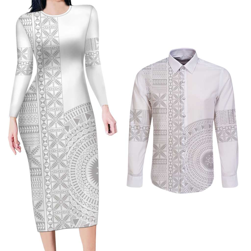 Niue White Sunday Couples Matching Long Sleeve Bodycon Dress and Long Sleeve Button Shirt Half Hiapo Pattern Vibes - Polynesian Pride