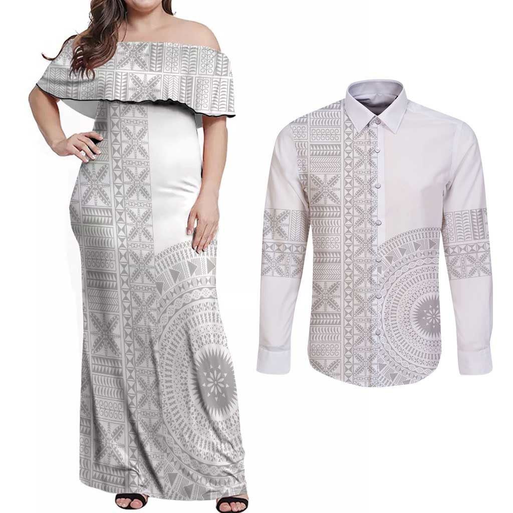 Niue White Sunday Couples Matching Off Shoulder Maxi Dress and Long Sleeve Button Shirt Half Hiapo Pattern Vibes - Polynesian Pride