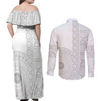 Niue White Sunday Couples Matching Off Shoulder Maxi Dress and Long Sleeve Button Shirt Half Hiapo Pattern Vibes - Polynesian Pride
