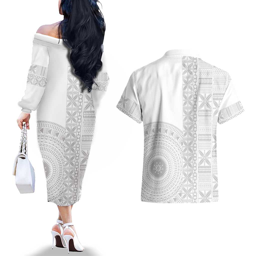 Niue White Sunday Couples Matching Off The Shoulder Long Sleeve Dress and Hawaiian Shirt Half Hiapo Pattern Vibes - Polynesian Pride