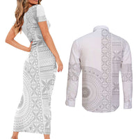 Niue White Sunday Couples Matching Short Sleeve Bodycon Dress and Long Sleeve Button Shirt Half Hiapo Pattern Vibes - Polynesian Pride