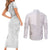 Niue White Sunday Couples Matching Short Sleeve Bodycon Dress and Long Sleeve Button Shirt Half Hiapo Pattern Vibes - Polynesian Pride