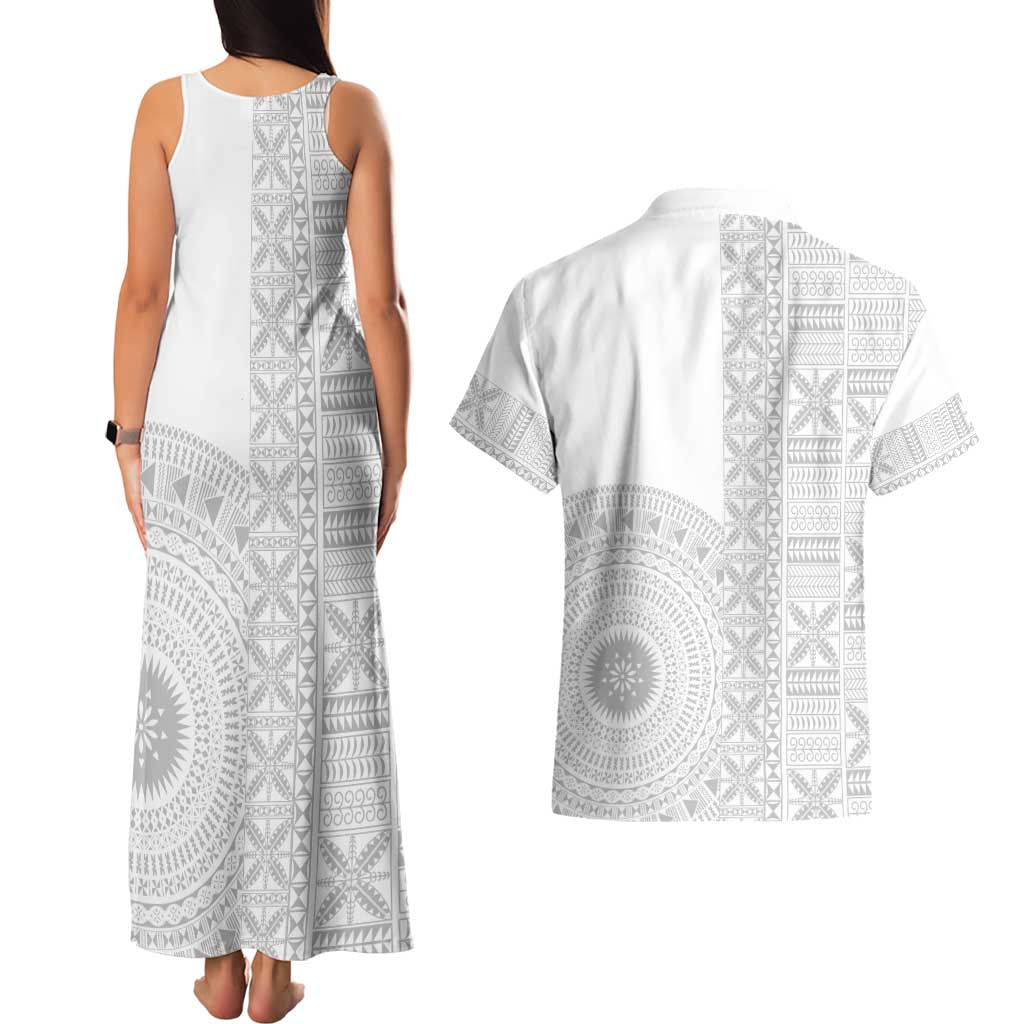 Niue White Sunday Couples Matching Tank Maxi Dress and Hawaiian Shirt Half Hiapo Pattern Vibes - Polynesian Pride
